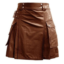 Men's Brown Leather Kilt Cargo Pockets Pleated Utility Clubwear