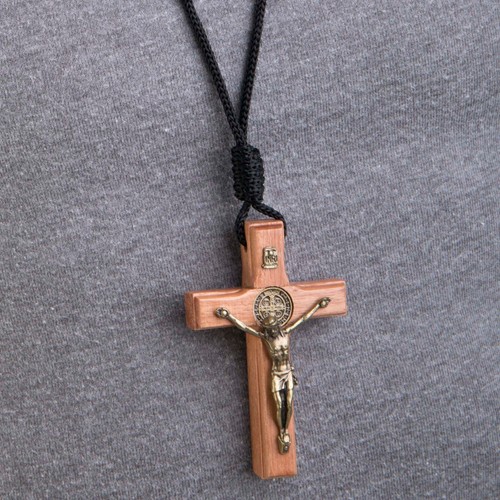 Catholic Religious St Benedict Wooden Crucifix Cross Necklace Men Women 29" Rope - 第 3/7 張圖片