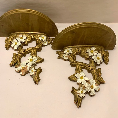 Syroco Sconce Hollywood Regency Wood Wall Shelve Floral Gold White VTG MCM Pair - 第 24/24 張圖片