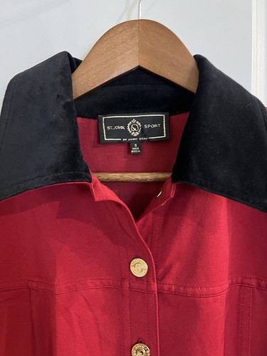 St John sport size S Red black Gold Buttons Blazer Jacket velvet top - Picture 2 of 12