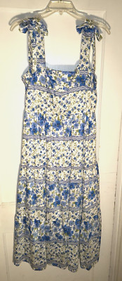 By The River Sleeveless Floral Print Tie Strap Tiered Midi Dress Blue Sz  L. e25