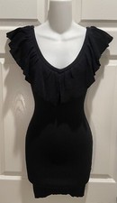 Vintage Forever 21 Black Ruffle V-Neck Bodycon Heavy Knit Mini Dress New Sz S