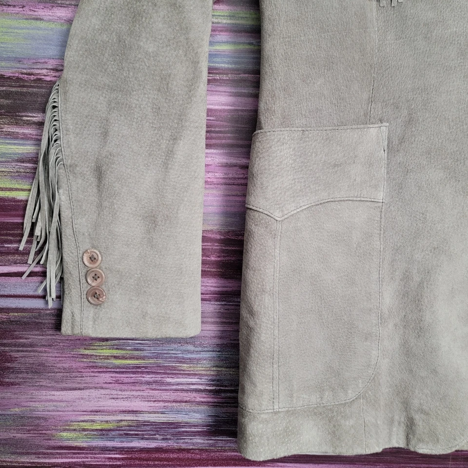 Scully Suede Western Fringe Jacket Sz 38 Mens Pockets Satin Lined Button Up Gray - Image 2 of 4