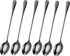 PEBBLE HUG Metallic Black Long Handle Latte Iced Tea Spoon, Coffee Spoon