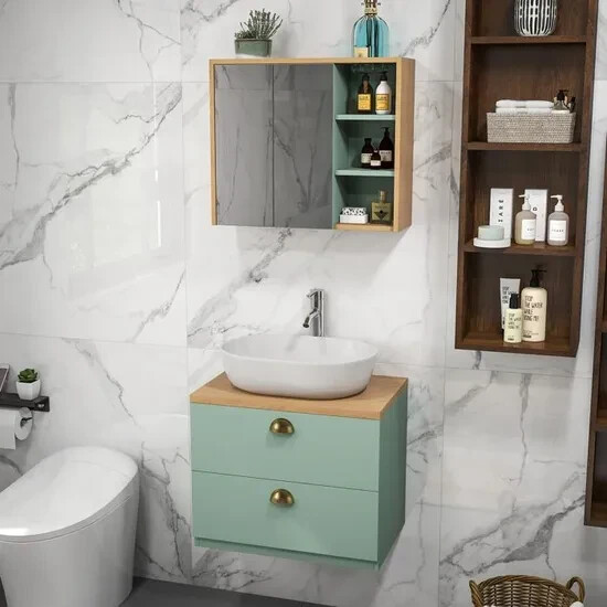 Ensemble de Salle de Bain Vert avec Armoire et Miroir à Étagères Réglables