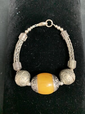 Sterling Silver Bead Ball Bracelet Butter Scotch Ambar (?)