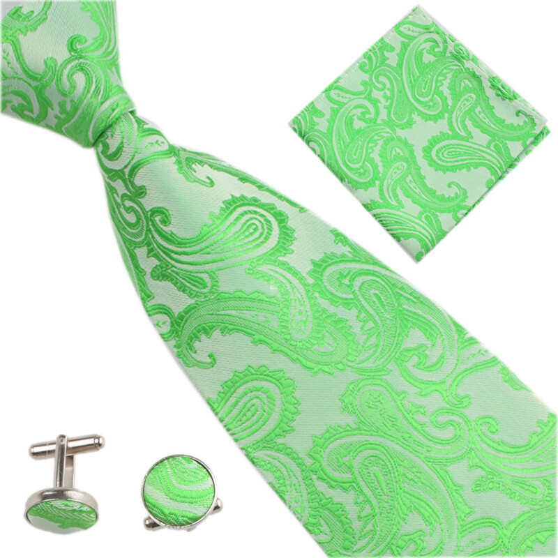 Mens Tie Set Wedding Business Black Paisley Cufflinks Pocket Square