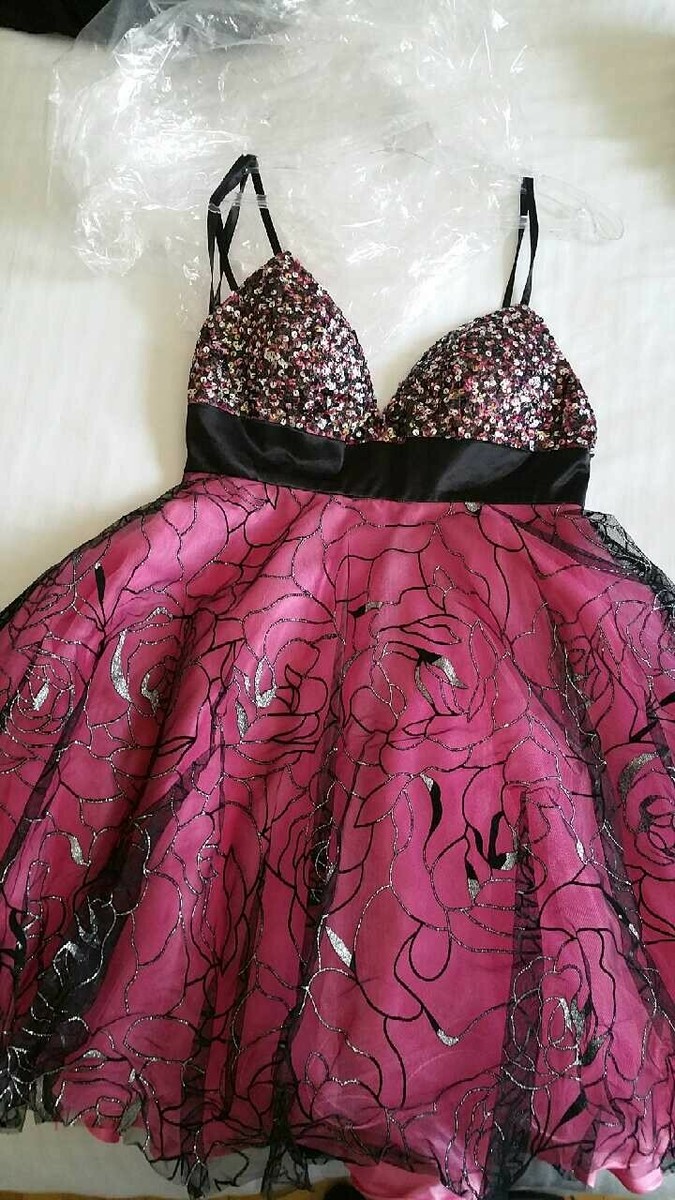 Interlude Prom Pageant Short Cocktail Dress Ruffles Tulle Sequins Hot Pink  Black