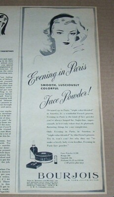 1945 print ad - Evening in Paris Bourjois face cosmetics Vintage Advertising