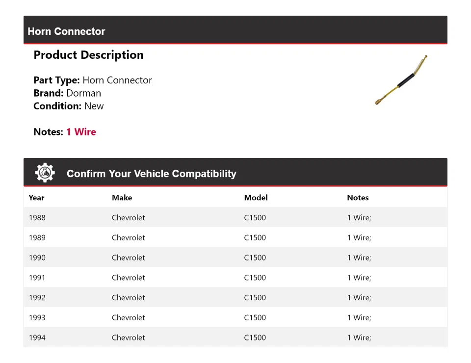 Conector bocina Dorman para Chevrolet C1500 1988-1994 1989 1990 1991 1992 1993 Foto 2 de 4
