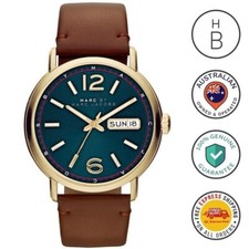 New RARE Marc Jacobs Mens Watch Fergus Gold Tone Blue Dial Tan Strap MBM5077