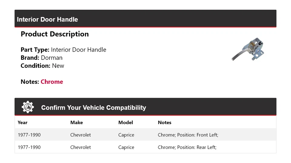 Manija de puerta interior para Chevrolet Caprice Dorman 1977-1990 1978 1979 1980 1981 Foto 2 de 4