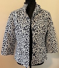 VTG 90's Liz Claiborne Linen Jacket Size Medium Black/Ivory Print Button Front