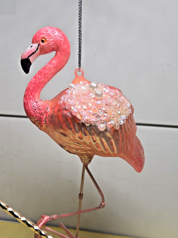 Blown Glass Pink Flamingo Hanging Ornament 5” with Wire Feet Embellished