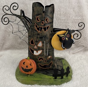 Halloween Tree W/Owl & Pumpkin Metal Tealight Holder