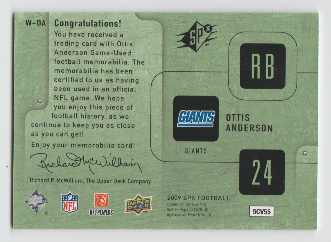 OTTIS ANDERSON Giants 2009 SPx Winning Materials DUAL GAME-USED Jersey Card /149 view 2
