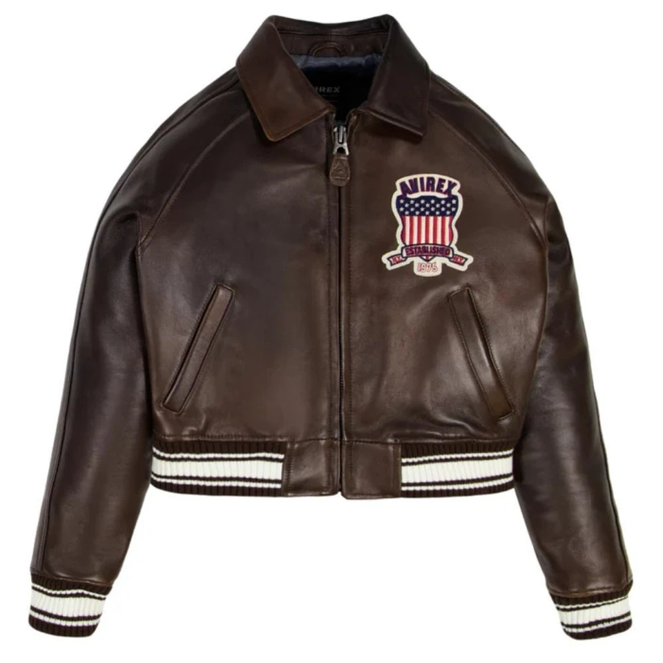 Jaqueta de couro Avirex feminina couro de vaca real bombardeiro clássico estilo de voo americano - Imagem 2 de 4