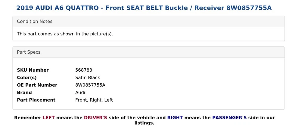 2019 AUDI A6 QUATTRO - Front SEAT BELT Buckle / Receiver 8W0857755A - Image 4 of 4