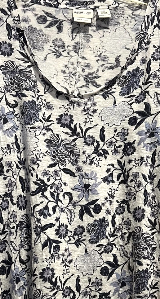 Blusa Rachel Zoe Top de Lino Talla 2X Azul Floral Elástica Boho Manga 3/4 Foto 4 de 4