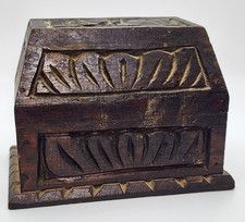 Carved Dark Wooden Hinged Treasure Trinket Box
