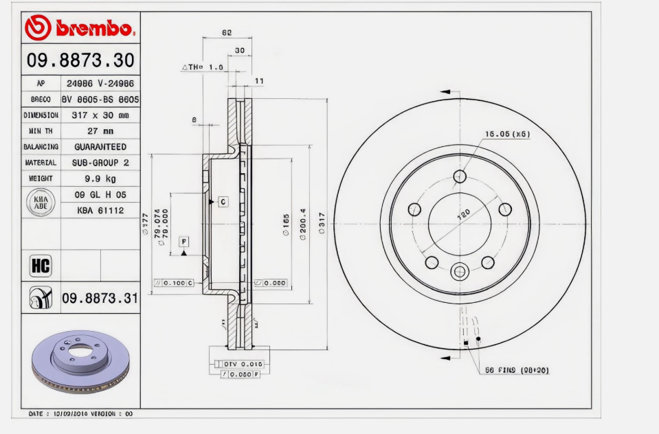 BREMBO 09.8873.31 Brake Disc Front Fits Land Rover Discovery Range Rover Sport