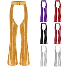 Women Cowgirl Chaps Sparkly Sequin Flare Pants Adjustable Waist Overpants Disco