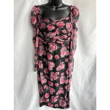 Shein Floral Roses Midi Dress Mesh Overlay Puff Sleeves Size XL Draped Feminine