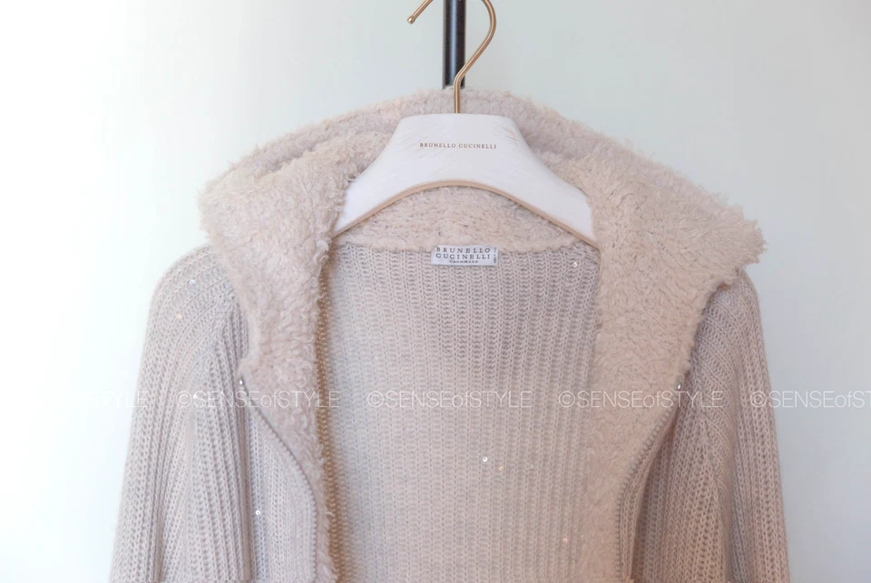 Cardigã Brunello Cucinelli Cashmere suéter com capuz lantejoulas bege feminino tamanho G - Imagem 4 de 4