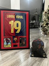 Signed  framed Lamine Yamal FC Barcelona Jersey  Soccer Ball Beckett BAS COA