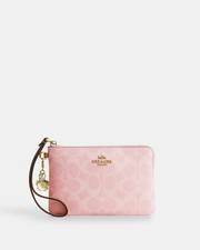 NWT Coach CEF72 Corner Zip Wristlet Signature Canvas with Charm Gold Powder Pink
