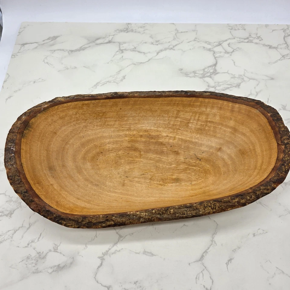 Tazón de masa de madera tallado a mano borde vivo borde de corteza rústico ovalado granja primitivo Foto 2 de 4