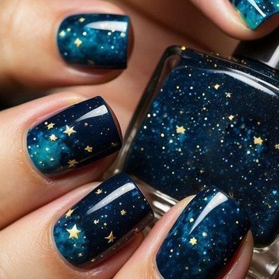 24Pcs Blue Press on Nail Short Square False Nail with Star Designs For Daily Use