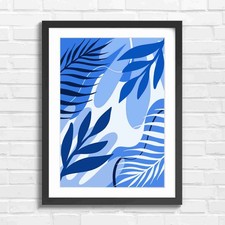Boho Palm Leaf Floral Pattern Blue Framed Wall Art Print Large Picture Home