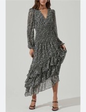 ASTR The Label Black Floral Long Sleeve Asymmetrical Ruffle Shirred M Dress