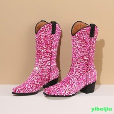 Womens Fashion Pull on Stage Mid Calf Sequins Boots Mid Heel Shoes Nightclub