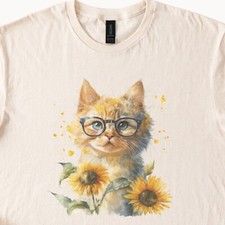 Cat Shirt With Glasses and Sunflowers Graphic Tee Cute Kitten