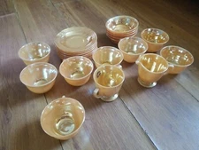 Anchor Hocking Fire King Peach Lustre Tea Set Cups Plates Bowls Cream And Sugar
