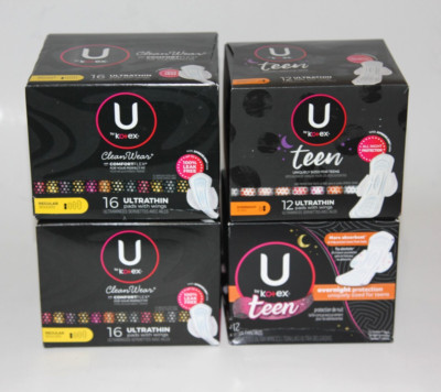 LOT (4) U BY KOTEX CLEAN WEAR & TEEN ULTRA THIN PADS WITH WINGS ASSORTED