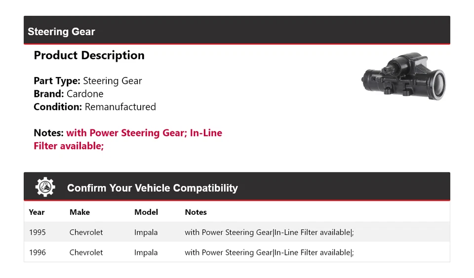 Engranaje de dirección Cardone para Chevrolet Impala 1995-1996 Foto 2 de 4