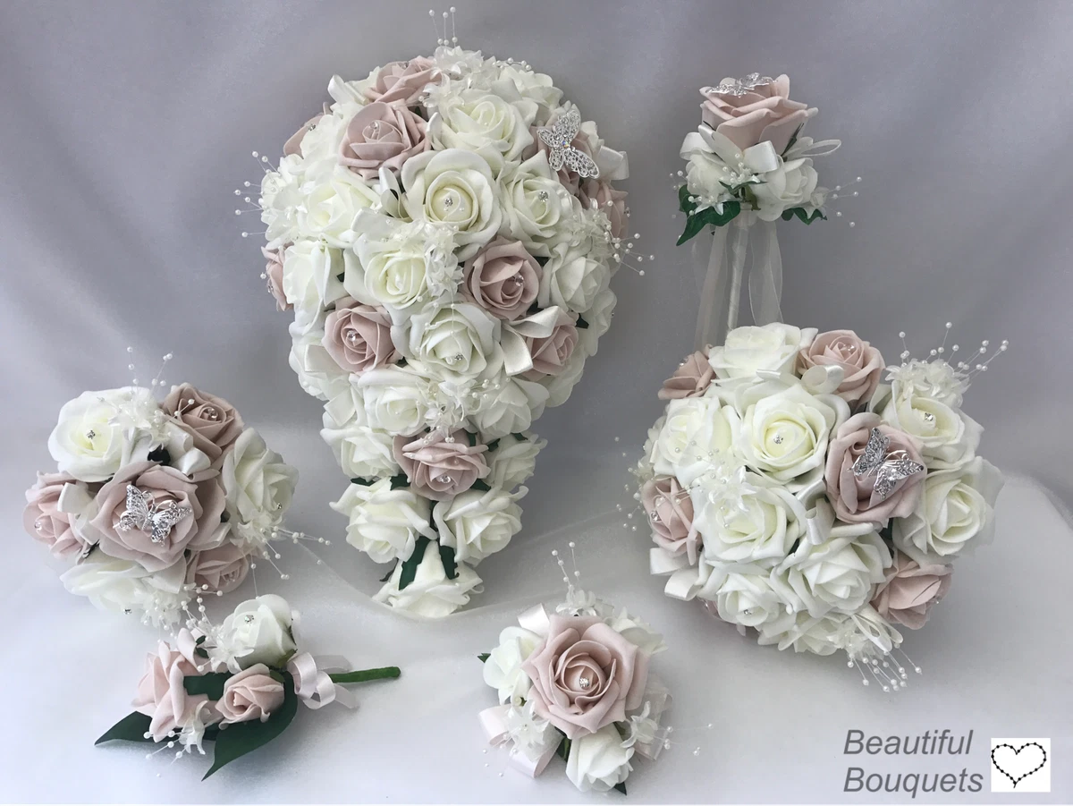 Wedding bouquet Ivory PINK Rose flowers Bride, Bridesmaid, Flower-Girl Wand