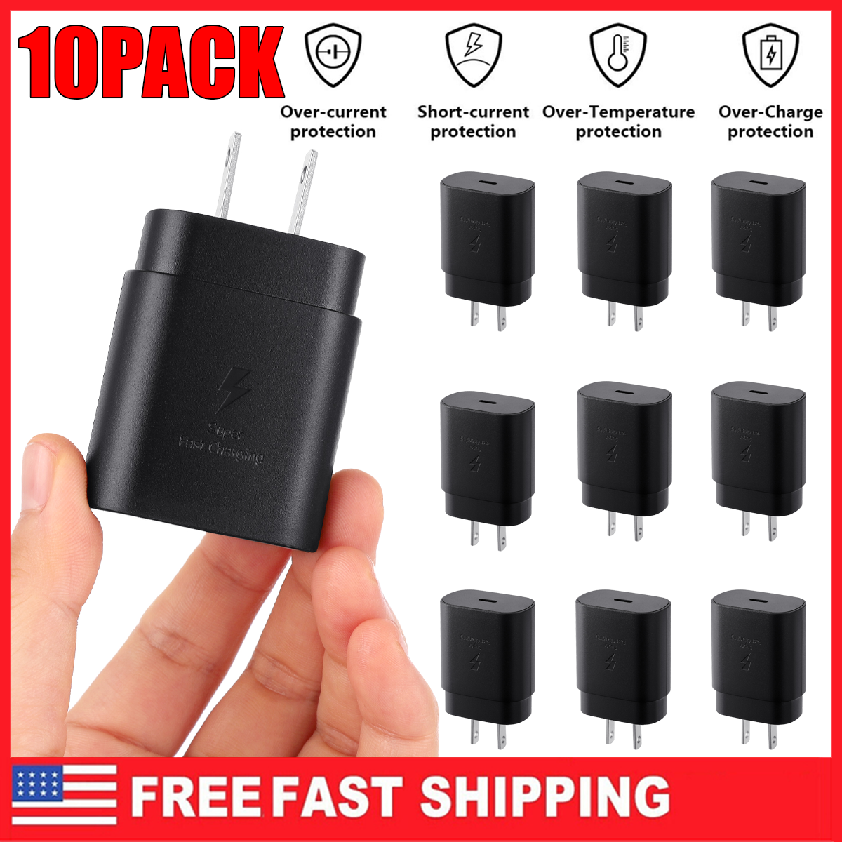 25W Super Fast USB-C Wall Charger for Samsung Galaxy S22 S21 S20 - 10-Pack Black