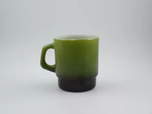 Vintage Fire King Coffee Mug Tea Cup Retro Avocado Green and Black Stacking M1