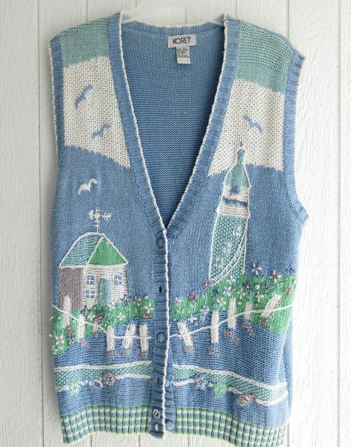 pink and blue sweater vest