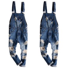 Fashion Men Denim Distressed Jeans Overalls Bib Pant Jumpsuits Suspender Trouser