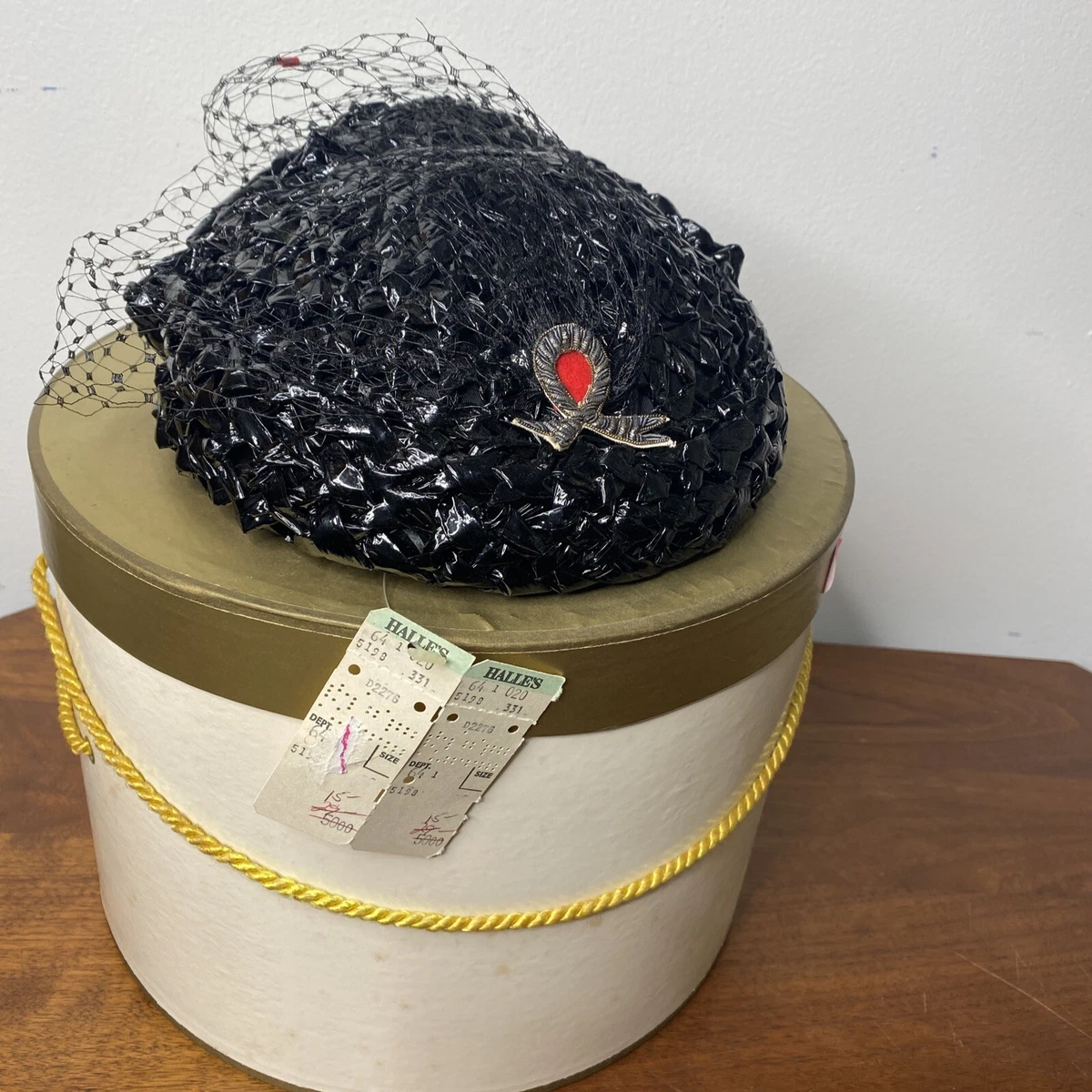 Chanda Boutique Black Hat Red pin Straw Netting Lined Combs Pillbox Hat Vintage P1240890__09231.1760734944.JPG?c=2 main image 2