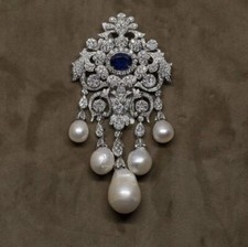 Georgian Lab Created Sapphire Brooch Pin Dangle Pearl Drop 925 Silver Jewelry