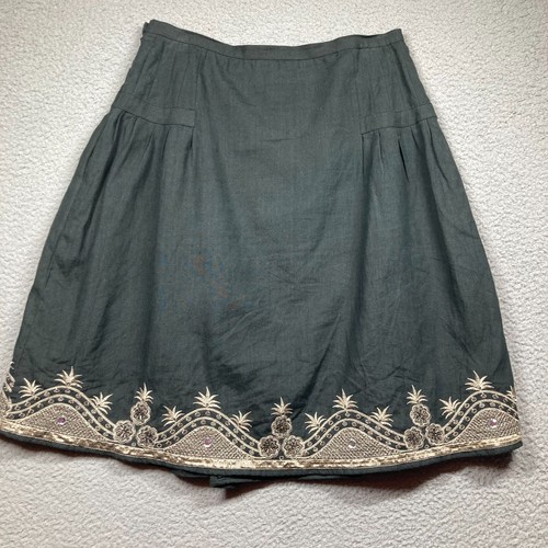 Anne Carson Skirt Women's 8 Black Linen Lined Embroidered Knee Length Side Zip - Picture 10 of 15