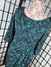 M&S Dress Jersey Wrap Ruching Green Midi Wiggle Stretchy Lined Per Una Size 12