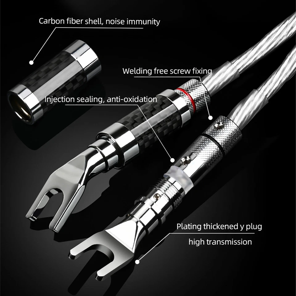 Pair Speaker Cable Silver Plate Banana/Spade Plug 8 Awg 8N OCC Carbon Fiber Cord - Image 3 of 4