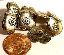 8 Very Pale Gold Tone Metal Shank Heart Buttons Black Accent 3/4" 19mm 12798